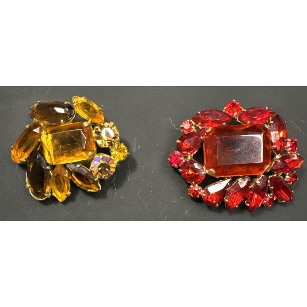 Vintage Czech Glass Brooch Lot 2 Red Amber Rhinestone Pins 1970s Jewelry